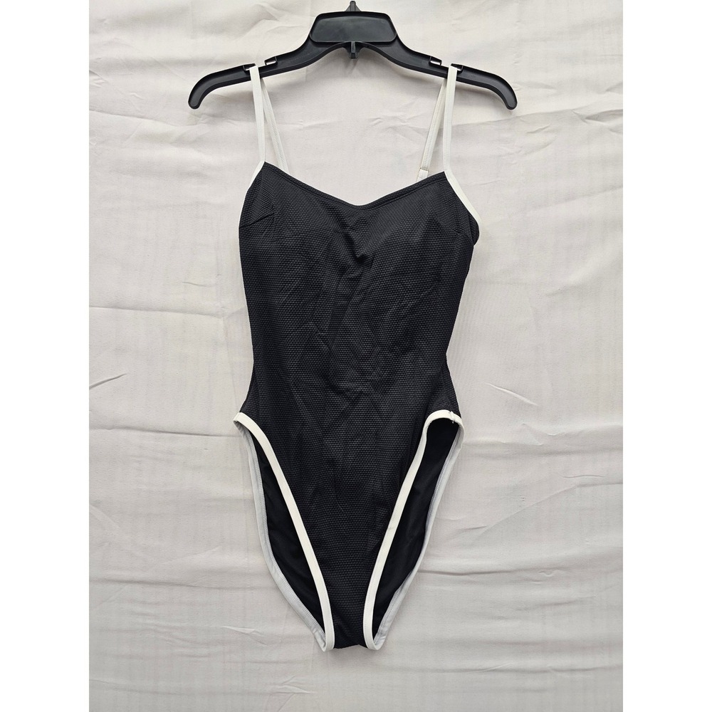 Shade & Shore Womens One Piece Swimsuit Black White Trim Pique Textured S 4-6